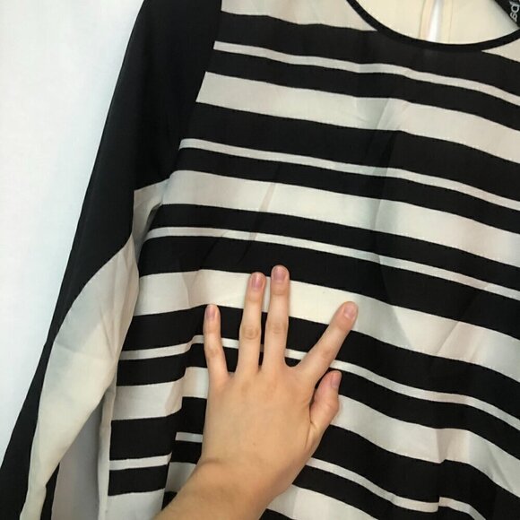BAR III Black Cream Stripe 3/4 Sleeve High Low Hi-Lo Polyester Sheer Blouse Top - Picture 7 of 7